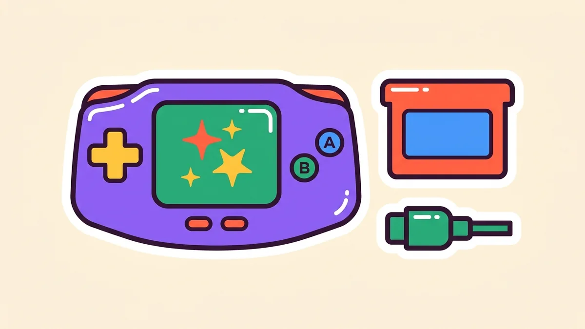 A stylised retro handheld console displaying sparkling battle stars alongside a clear pocket cartridge and a little mobile phone connector.